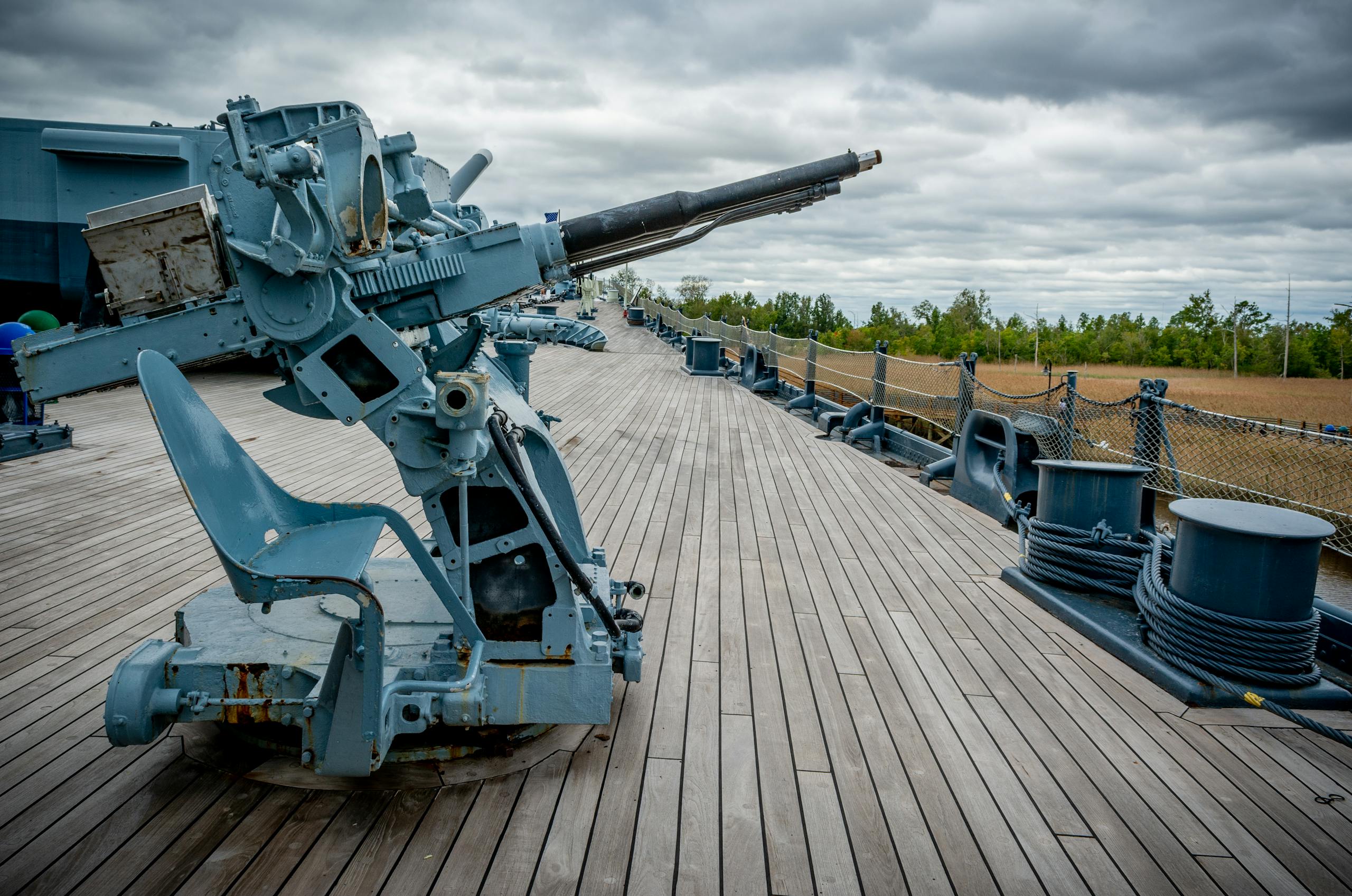 Detailed view of an old naval cannon on a battleship in Wilmington, NC.