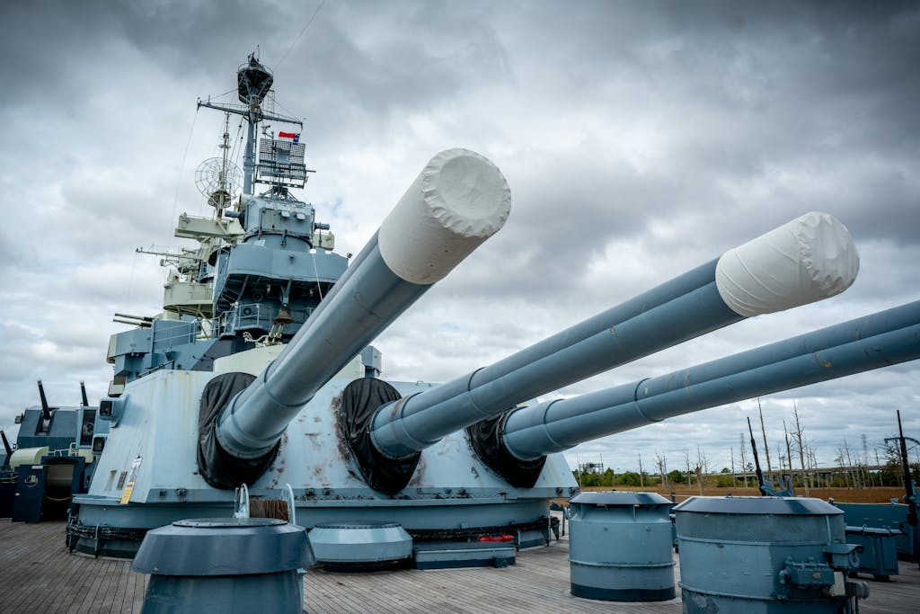 Iconic USS North Carolina battleship with massive turrets in Wilmington, NC.