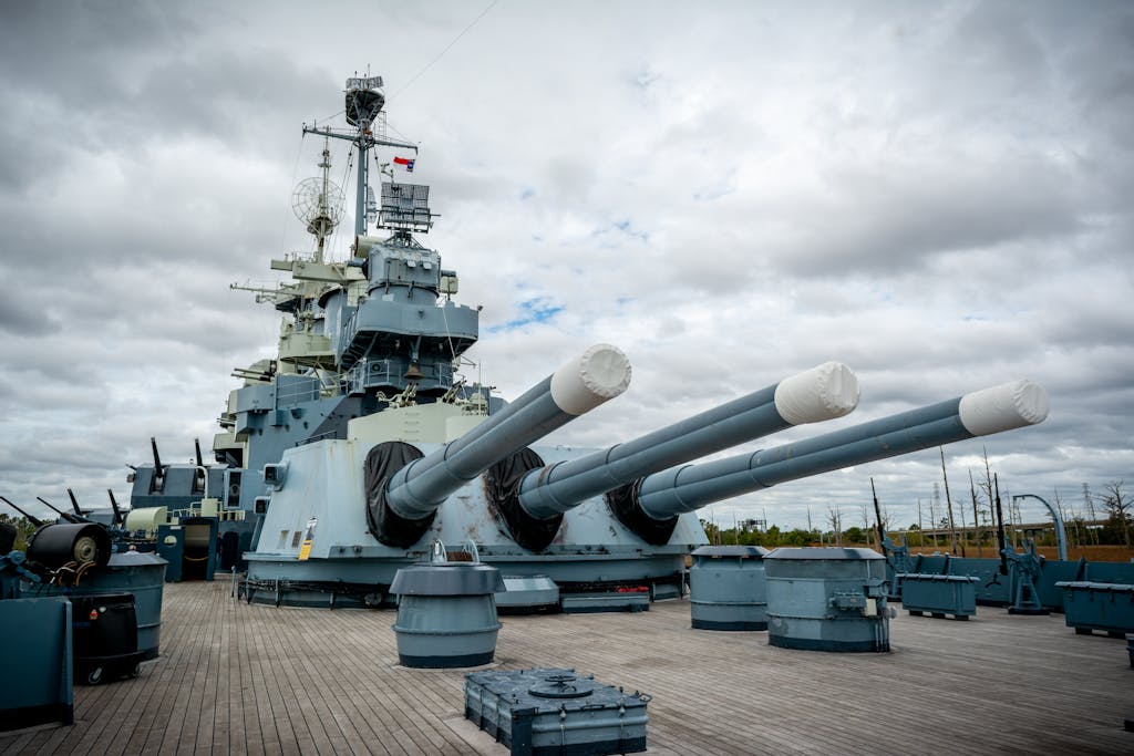 Powerful battleship USS on display with massive guns in Wilmington, NC.